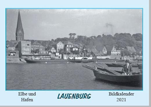 Wandkalender 2021, Titelblatt. Stadtpanorama mit Herrn im Ruderboot vor Raddampfer