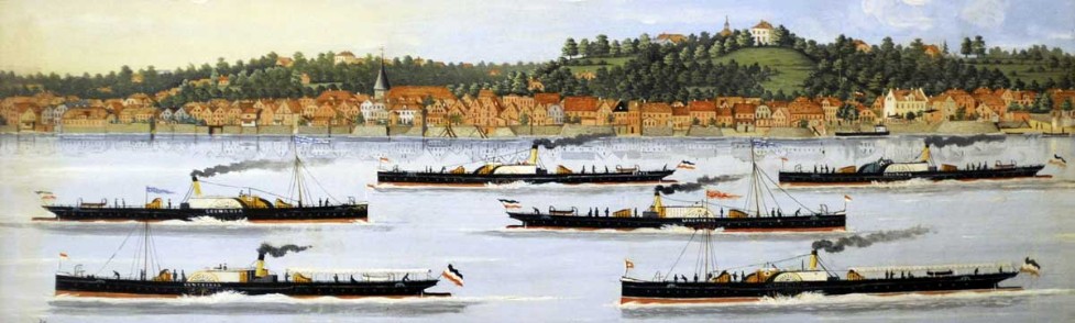 Lauenburg, Flussansicht mit 6 Raddampfern von Murjahn